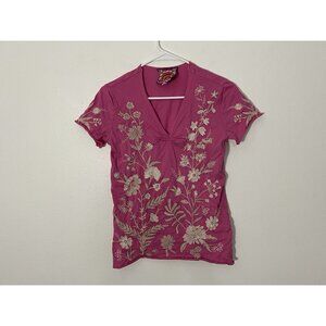Johnny Was Pink Marseille Pleat Front Short Sleeve Embroidered Tee Size XS